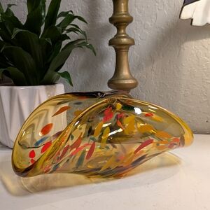 Handblown Murano Glass Bowl – Amber Cartoccio with Colorful Flecks